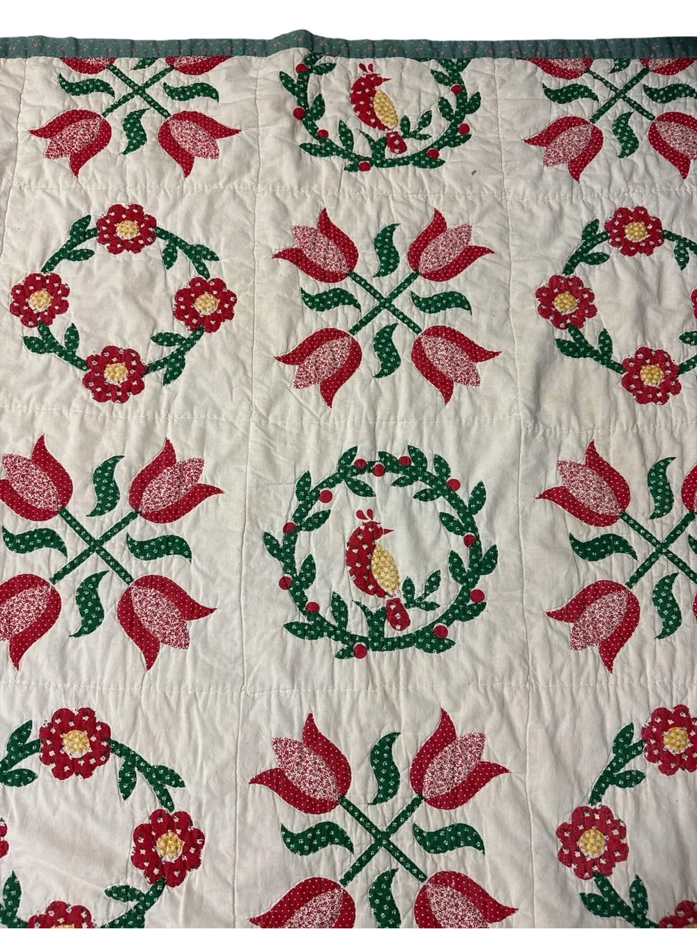 Vintage Handmade Appliqué Folk Art Quilt Tulips Birds Floral Wreath Full Queen